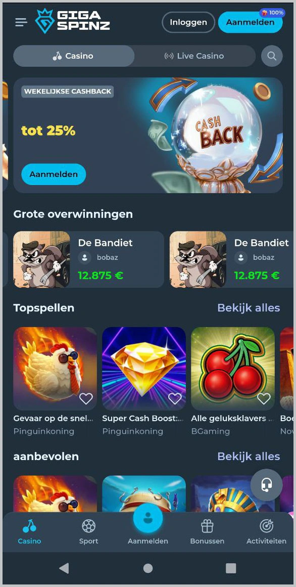 Start jouw avontuur op de homepage van Gigaspinz